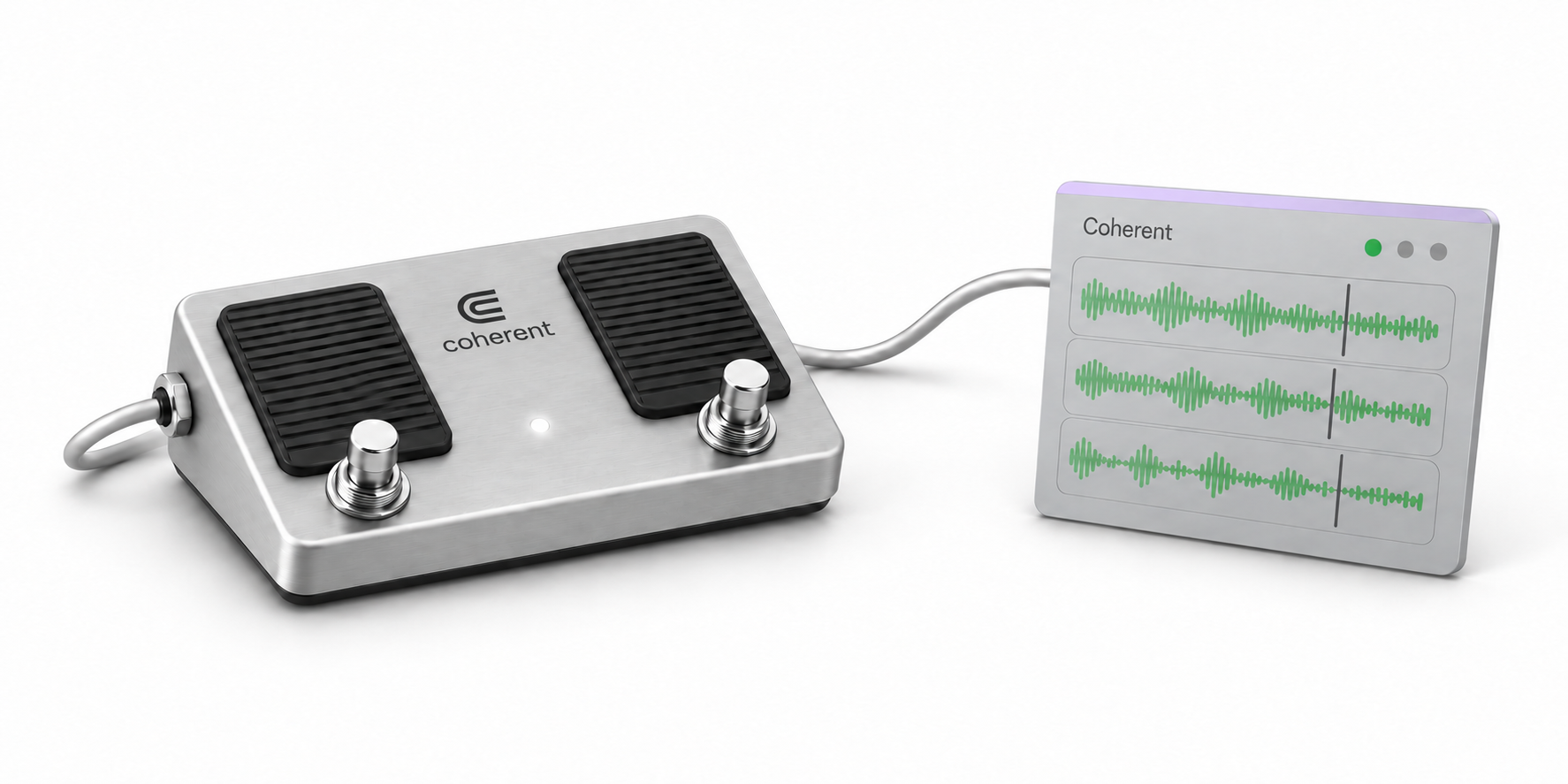 An illustrated Coherent MIDI foot pedal connected by a silver cable to three looping audio tracks.